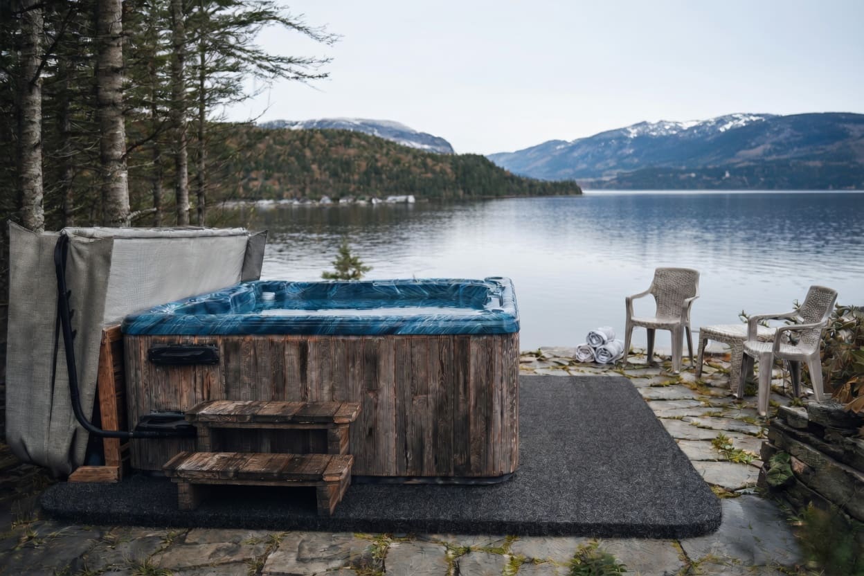 Hot tub and patio on an 8 by 16 Dragon Pad