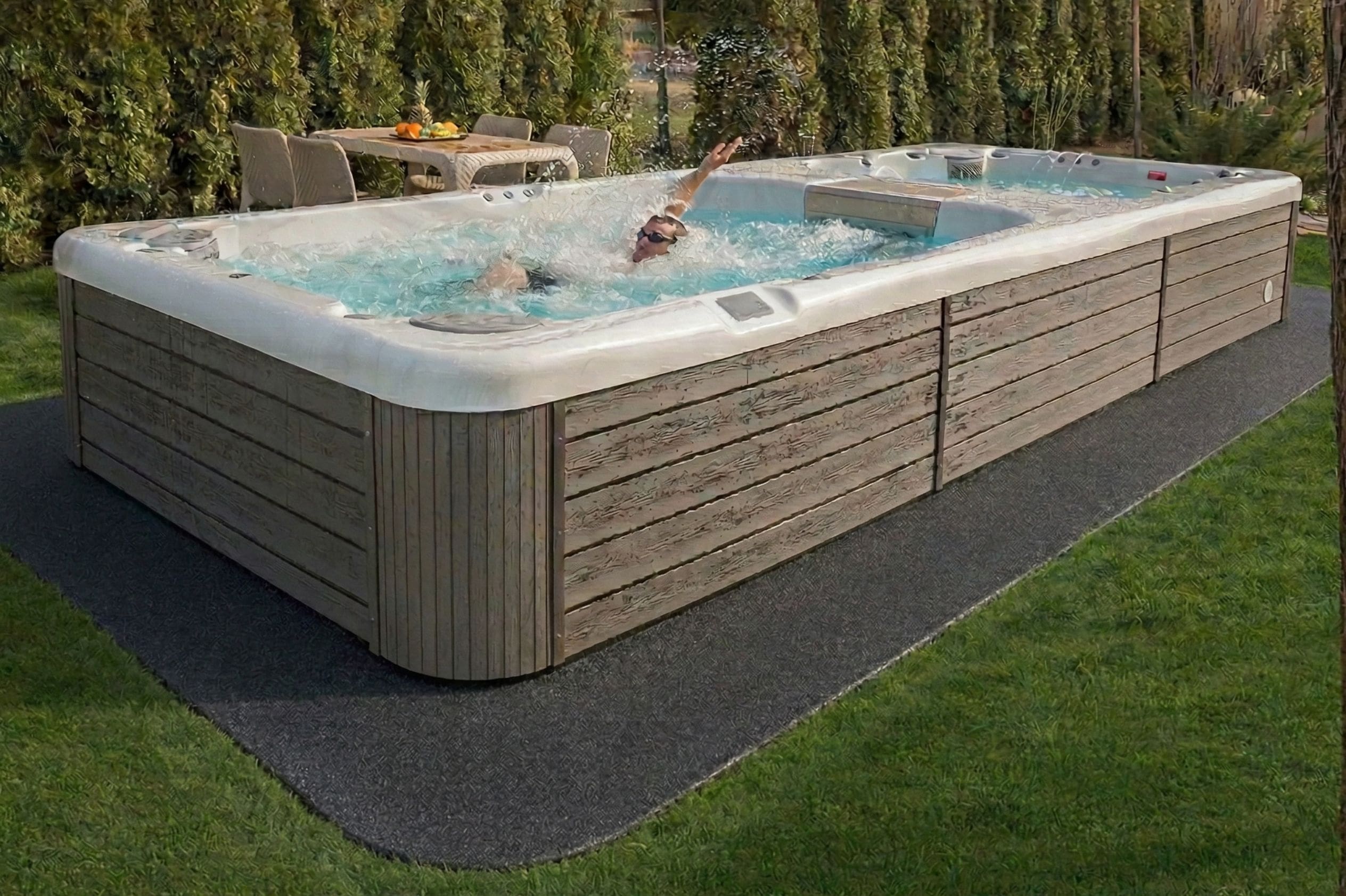Swim spa on an 8 by 20 Dragon Pad